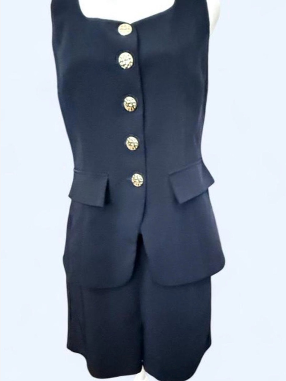 Classic Women's Navy Buttoned Vest Jacket shorts suit set